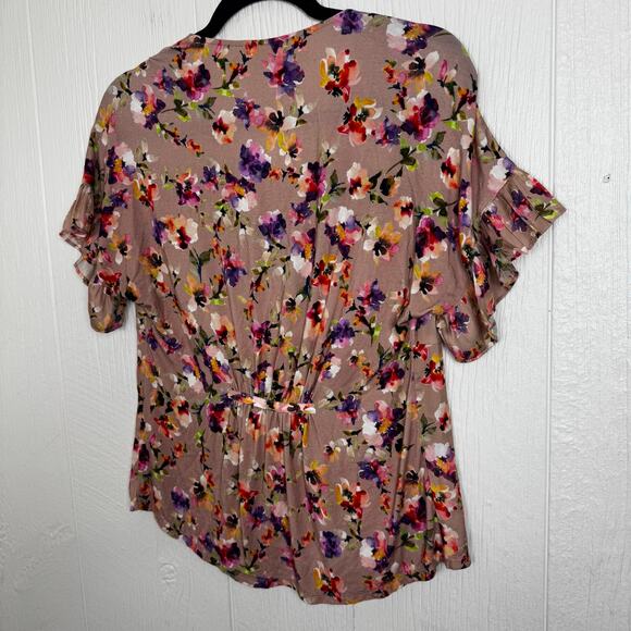 Dolan Anthropologie Tan Floral Mitzi Pleated Ruffle Short Sleeve Blouse Top XS - Picture 4 of 10